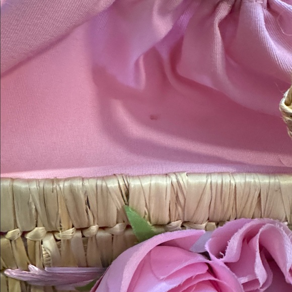 Christian Livingston Vintage Raffia Pink Fabric Roses Lined Top Handle Bag 8x10 - Picture 15 of 16